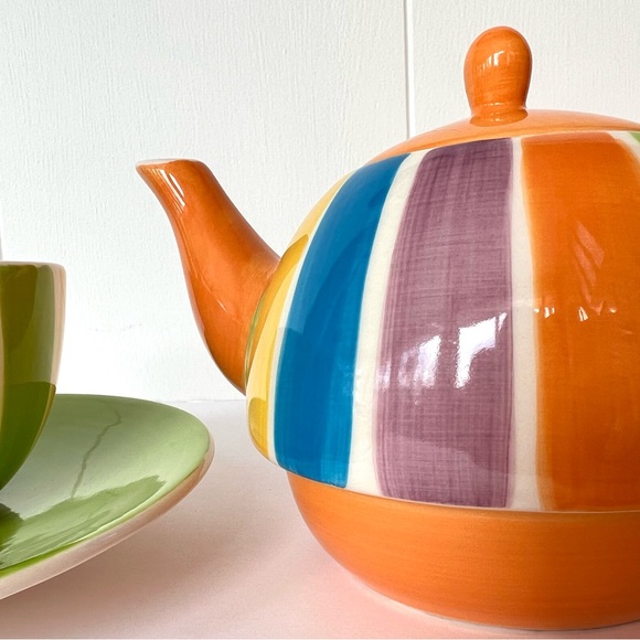 Vintage Hand Painted Cabana Stripes Tea For One Set Canhome Thailand - Picture 12 of 15